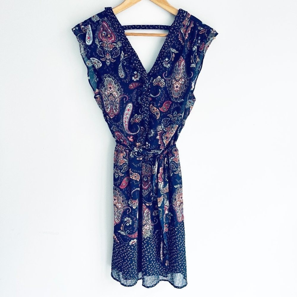 Signature Studio Navy Paisley Ruffle Dress M